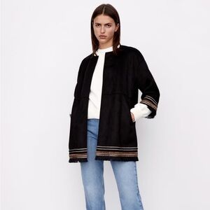 ZARA Combination Faux Suede Embroidered Fringe Hem Jacket Black